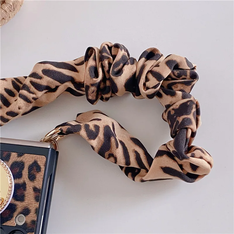 woman sexy leopard print leather with cloth bracelet phone case for samsung galaxy z flip 3 5g cute gold bear bracket hard cover free global shipping