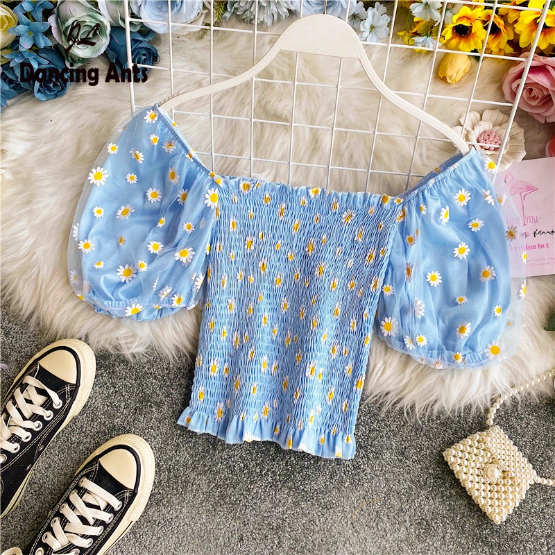 Женские рубашки с квадратным вырезом короткий рукав сломанный цветочный принт