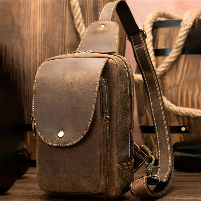 

Men Genuine Leather Sling Bags For Men Messenger Chest Bag Male Shoulder Crossbody Bag New Vintage Designer Bags 2021