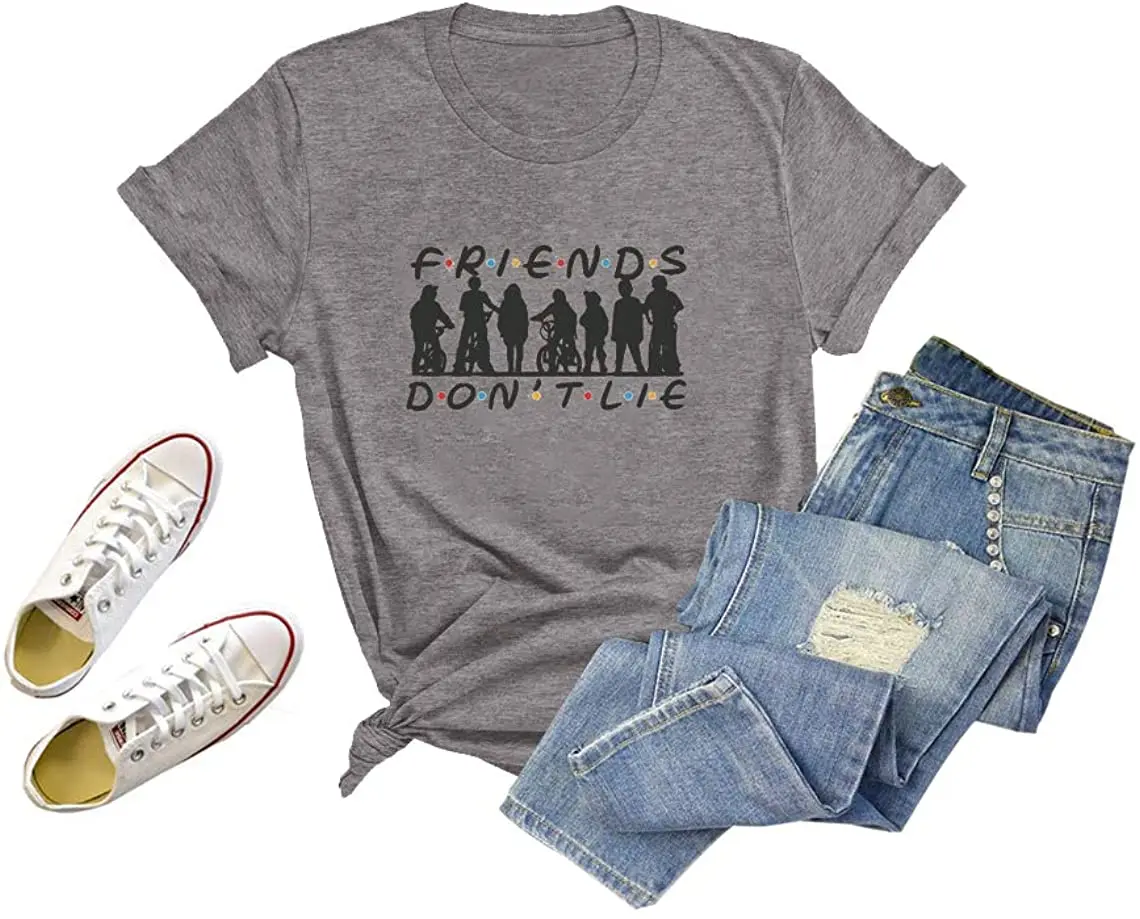 

Friends Don't Lie T-Shirt for Women Stranger Things TV Inspired Graphic Tee Tops Funny Vintage Short Sleeve