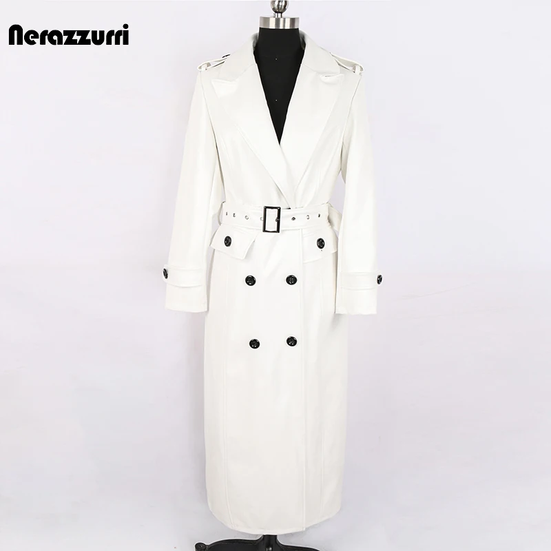 

Nerazzurri Autumn Long White Leather Trench Coat for Women Long Sleeve Notched Lapel Double Breasted British Style Fashion 2021