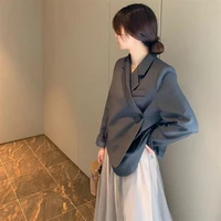 korean lapel long sleeve grey short blazer women casual loose oblique buckle office lady suit jacket autumn 2021 female outwear