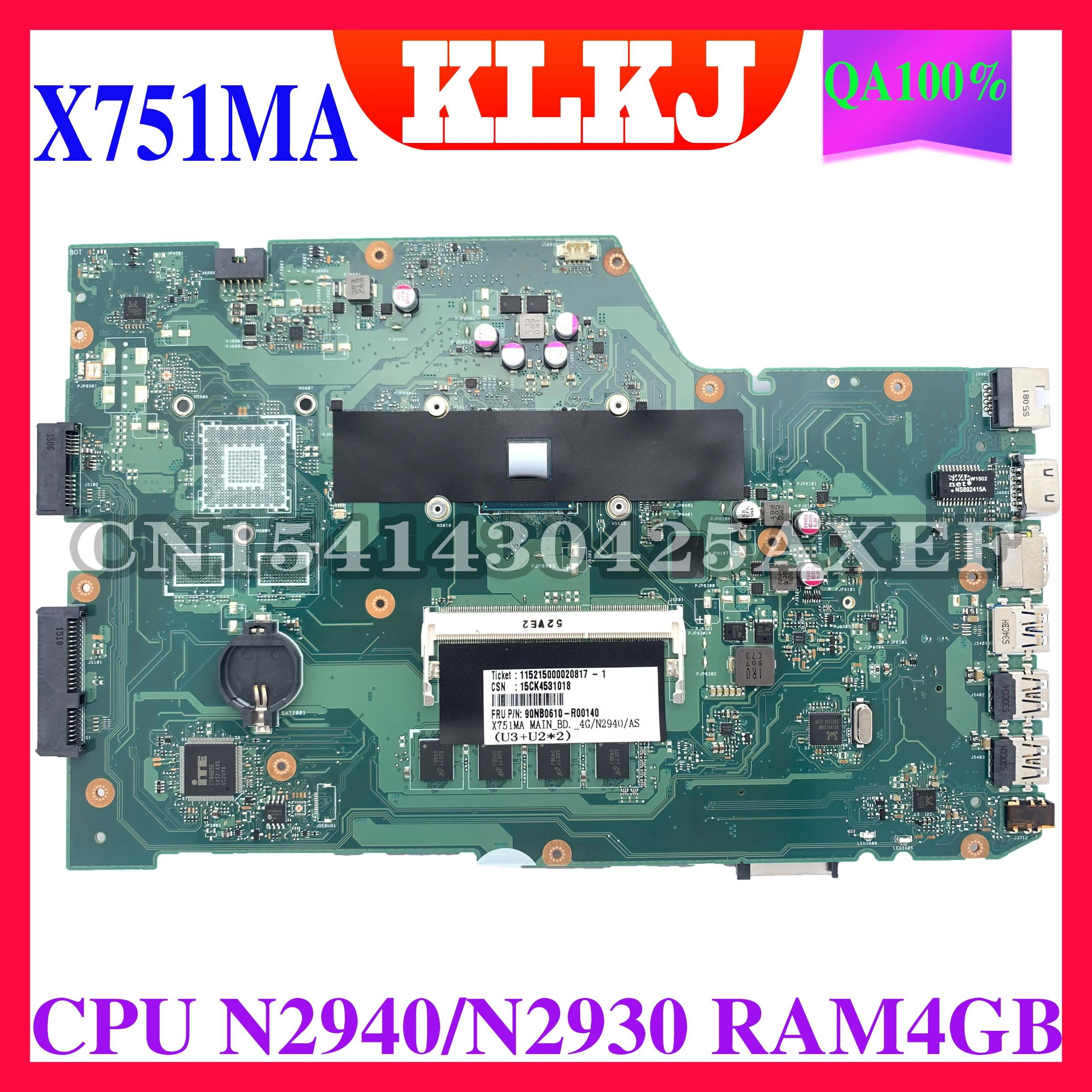 

KLKJ For ASUS X751MA X751MD K751M R752MA N2930U 4GMemory Motherboard Tested 100% work original Mainboard