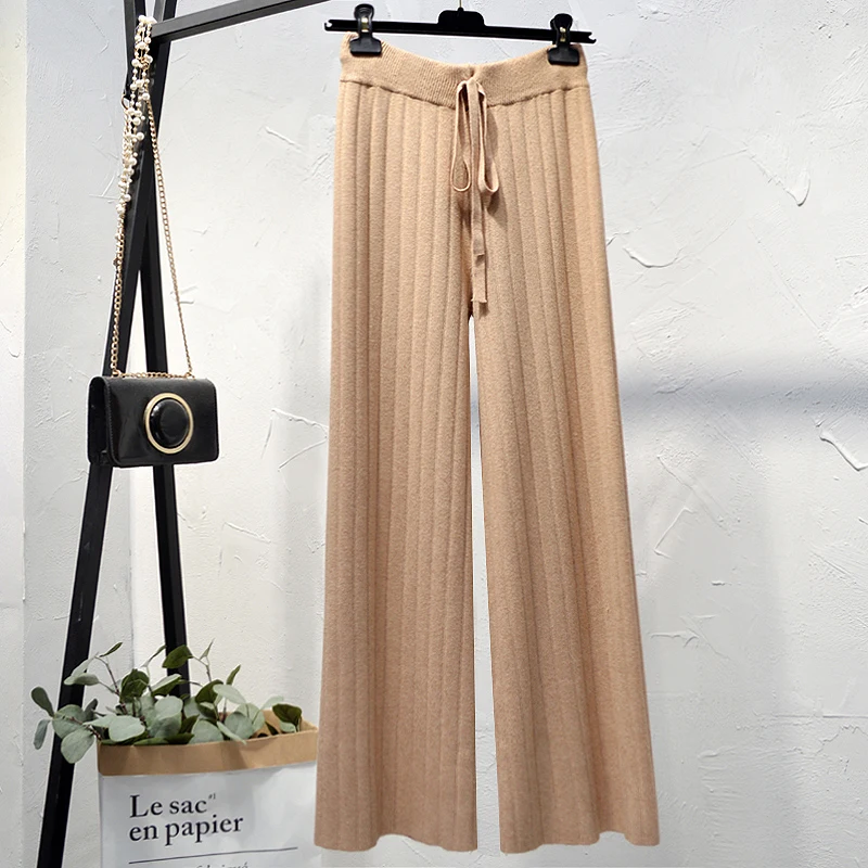 

Korean Wool Blend Knitted Wide-legged Ankle Pants Female Draw Strings Autumn Drop Casual Rib Knit Long Trousers