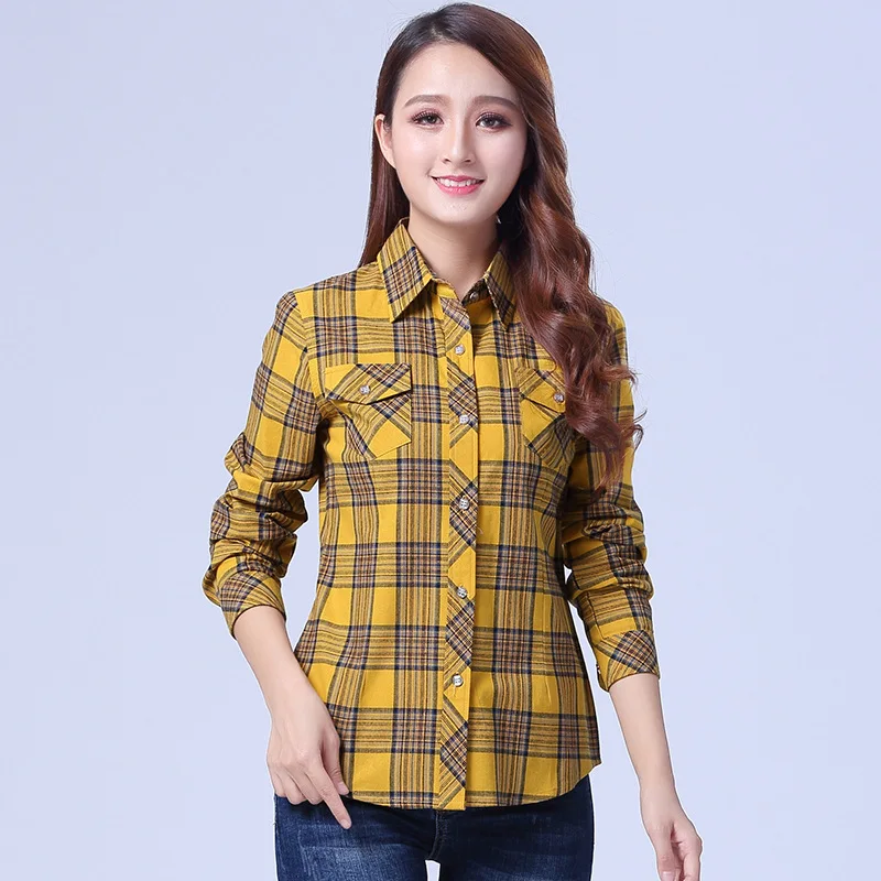 Блузка женская в клетку модная повседневная Фланелевая рубашка с лацканами и