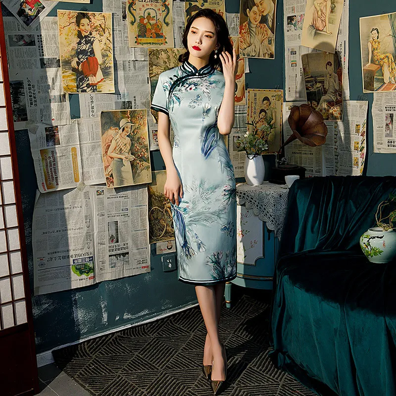 

Женское платье-Ципао, с коротким рукавом, из ледяного шелка, с китайским принтом, элегантное традиционное Ципао, большие размеры 4XL, весна-ле...