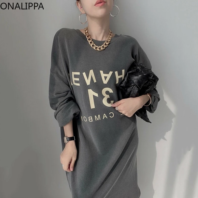 

ONALIPPA Women Casual Dress Autumn All-Match Round Neck Hollow Open Back Letter Printing Loose Long-Sleeved Hoodies Vestidos