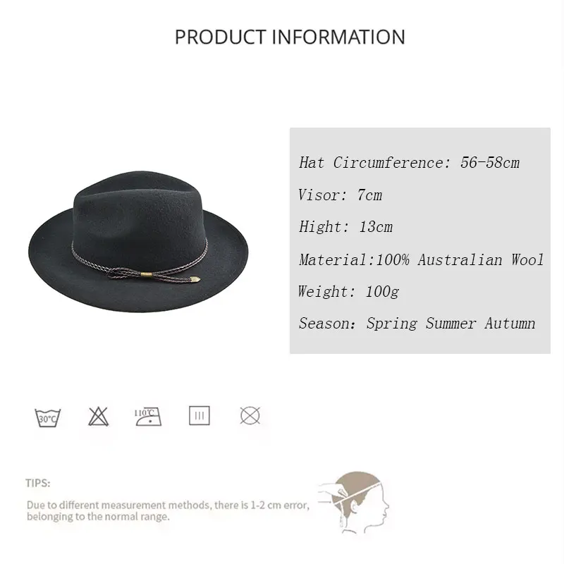 100% австралийская шерстяная фетровая черная шляпа для женщин и мужчин винтажная с