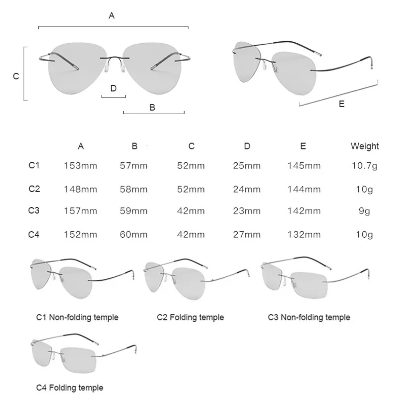 Мужские фотохромные солнцезащитные очки без оправы из титана поляризационные