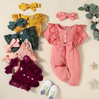 summer baby girls romper headband 2pcs sets cotton linen ruffles jumpsuit infant outfits fashion girl clothing sets 6 12 18 24m
