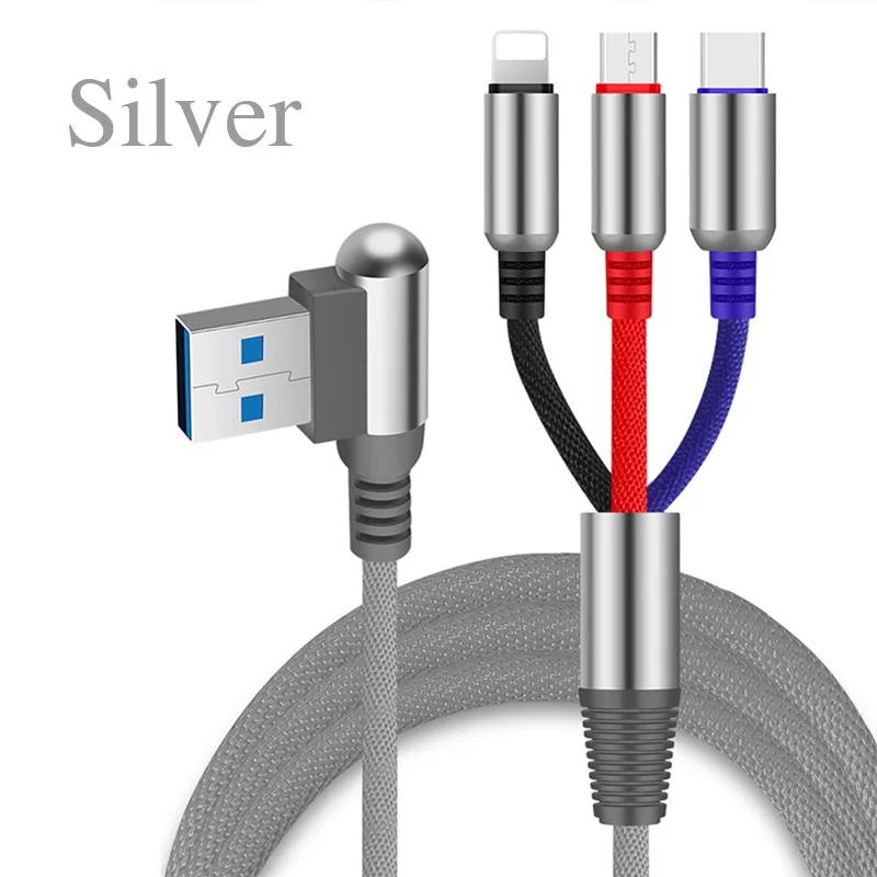 NOHON 3 в 1 пуля USB кабель для зарядки мобильного телефона type-C Micro USB 90 градусов 2.4A USB зарядное устройство Шнур для iPhone 11 Pro Max - Цвет: Серебристый