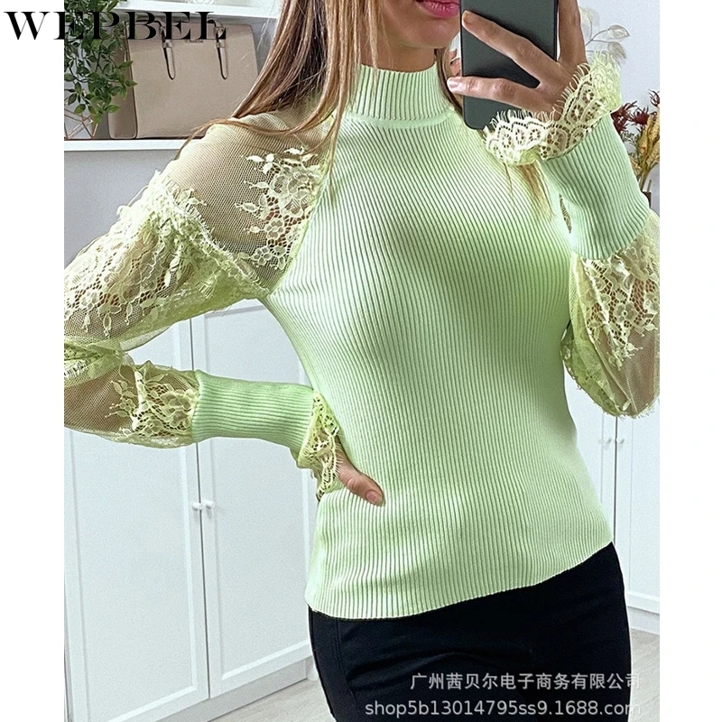 

WEPBEL Sweater Women's Sexy Slim Lace Mesh See-through Stitching Sweater Autumn Fashion O-Neck Long-Sleeved Pullover Sweater