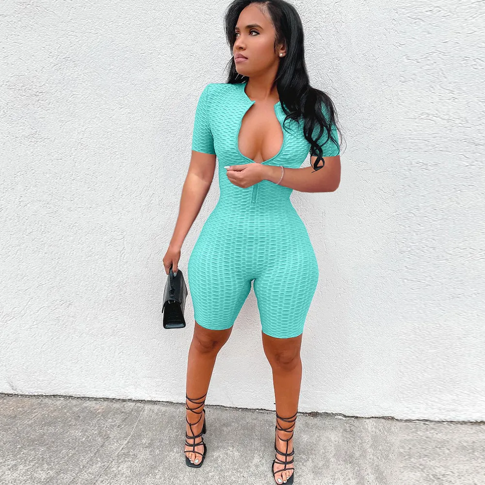 

Женский тренировочный комбинезон, эластичный Облегающий комбинезон на молнии с коротким рукавом, повседневная Летняя женская спортивная о...