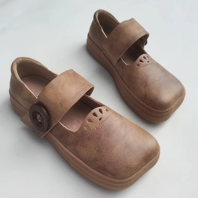 Careaymade-Genuine Leather art square head hand sewn women's shoes casual soft thick soled original leather single shoes,3 color
