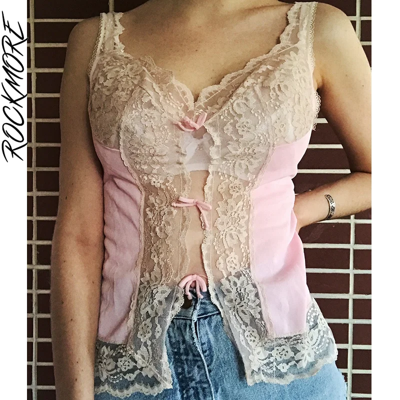 

Rockmore Pink Lace Patchwork Crop Tops Women Y2K Aesthetic Tank Top 2000s Kawaii Tie Up Vests Casual Sleeveless Camis Fairycore