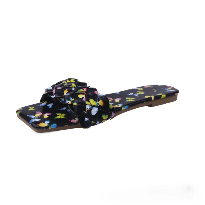 

2021 Summer Women's Fashion Sandals New European and American Flat Printed Woven One-Word Beach Casual Sandals