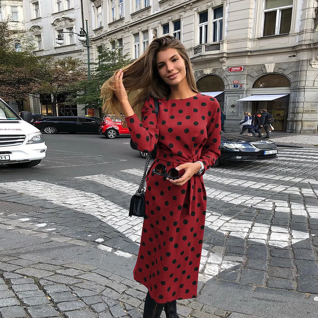 2019 осеннее платье женское элегантное Подпоясанный с длинным рукавом Женские