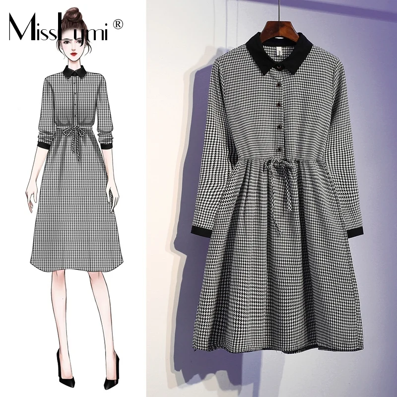 L 4XL размера плюс женское платье с узором &quotгусиная лапка&quot осень 2019 милое