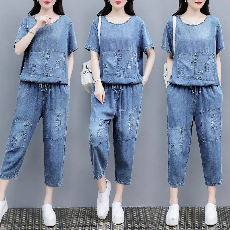 Женский джинсовый комплект из двух предметов свободная футболка с коротким