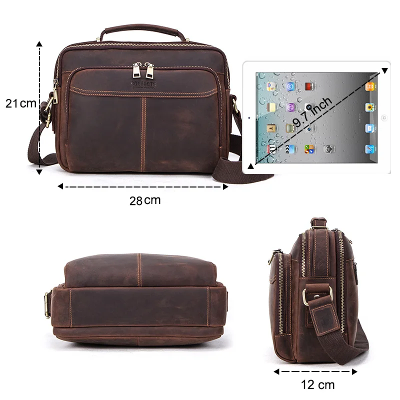 Crazy Horse Cowhide Men Briefcase Genuine Leather Man Crossbody Bags Vintage Handbags Large Capacity Male Shoulder Bag Bolsos