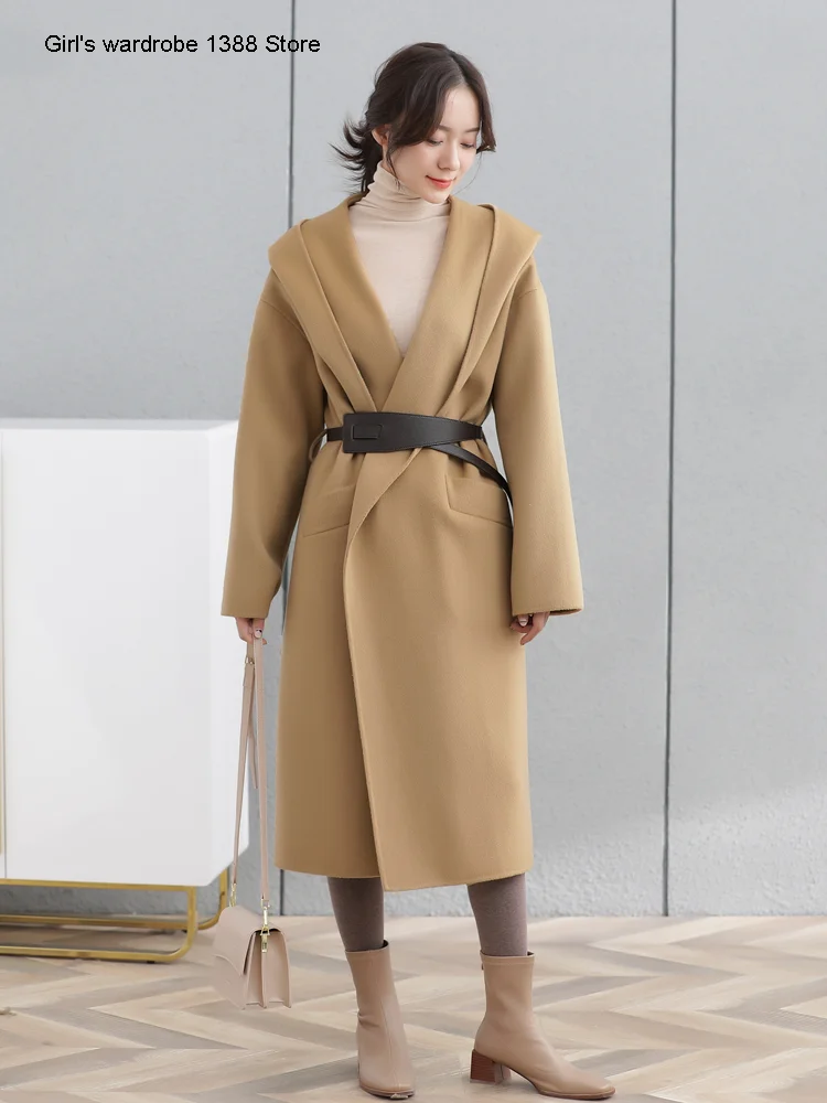 

Светло-коричневые Двусторонняя кашемировое пальто высокого класса средней длины, новинка, осенне-зимнее 2020 Корейская свободная толстовка ...