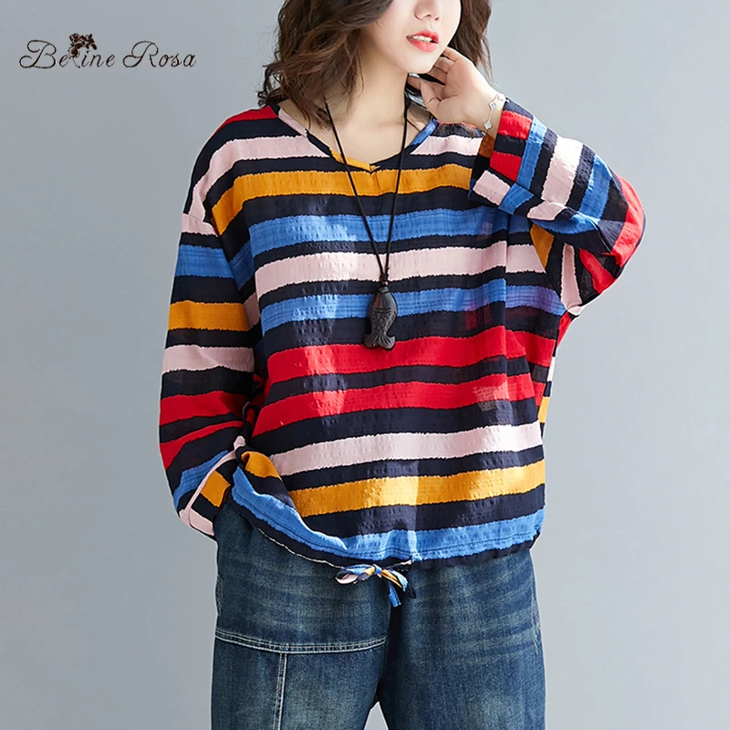 

BelineRosa 2020 Women's Cotton Linen Striped Tops Female Colorful Stripes Tee Shirt for Spring BSDM0425