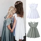 Осеннее платье для маленьких девочек, однотонное хлопковое льняное повседневное праздничное платье с рукавами с оборками, От 0 до 6 лет