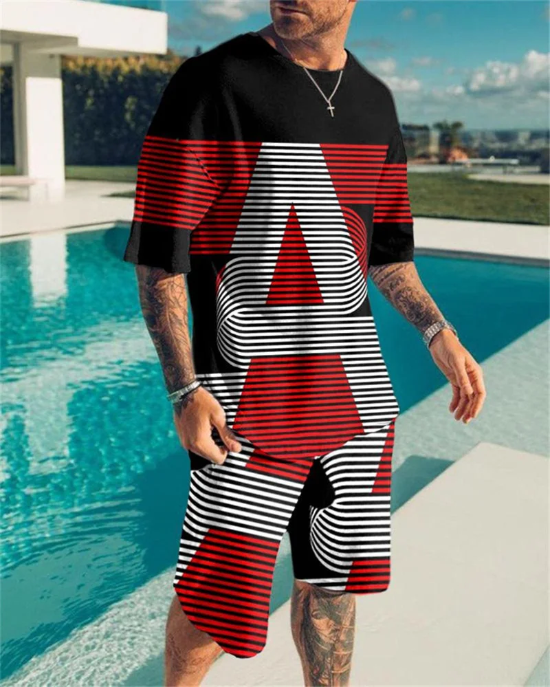 

Men's sports suit T-shirt + shorts workout clothes 2-piece set of sky letters 3D solid color printing short-sleeved sportswear