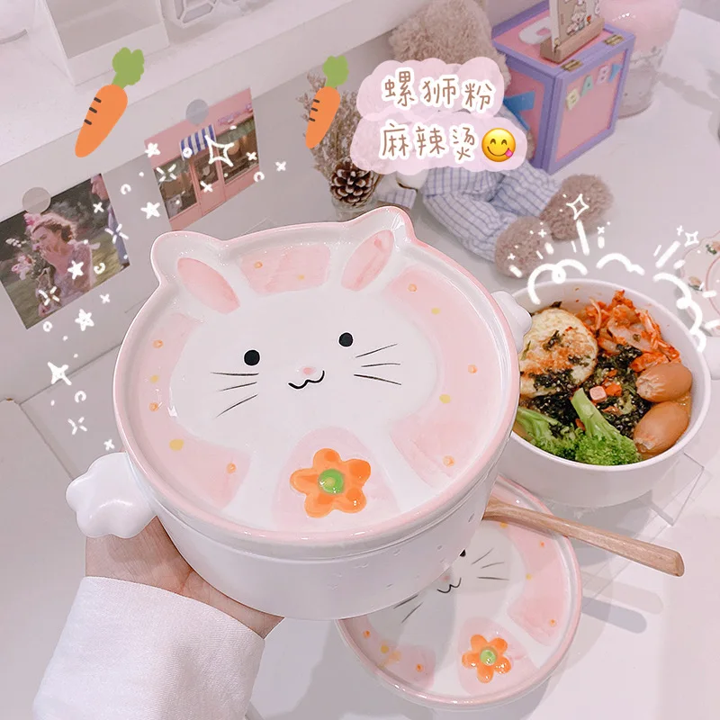 

Cute soft cute rabbit ceramic bowl with lid
