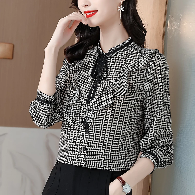 

Silk Satin Loose Women's Shirts Casual Long Sleeve Blusas New Fashion Blouses Lattice Bow Tie Autumn Houthion
