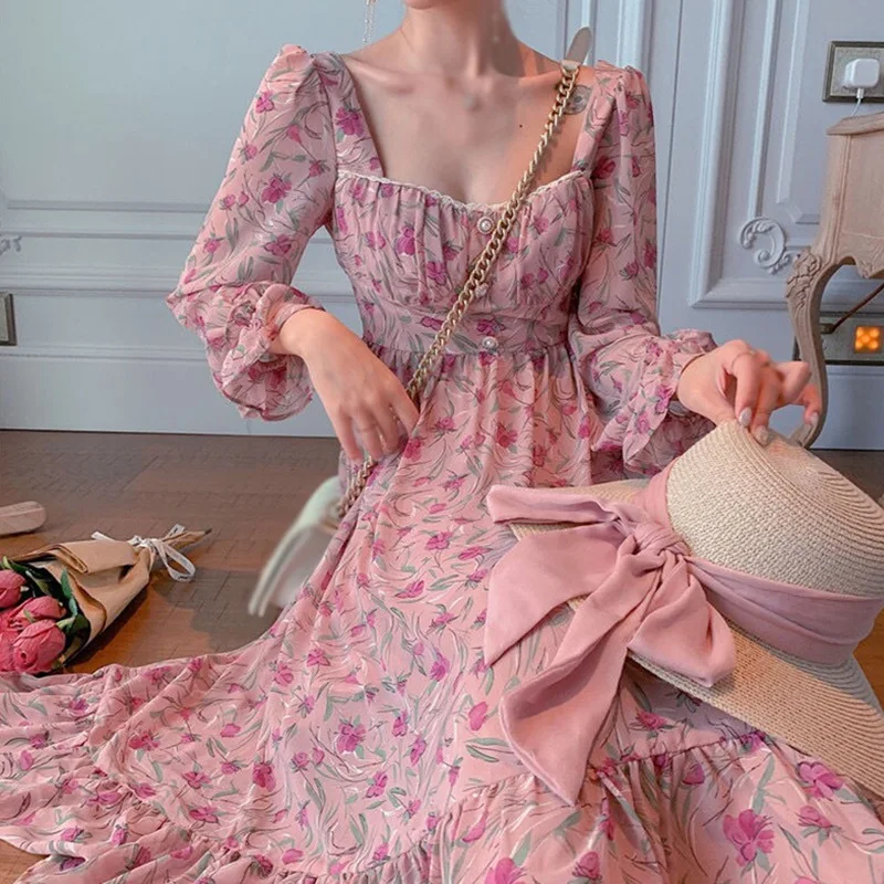 

Fall Women Sweet Cottagecore Floral Printed High Waist Long Dress Female Square Collar Long Sleeve Buttons Dresses 2021 Vestido