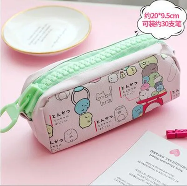 Green Fashion PU leather Pencil Case Korean Canvas Cute Kawaii Pen Bag Big capacity pencil Pouch School Stationery Gift - Цвет: Green