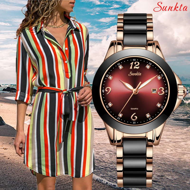 2019 SUNKTA брендовые модные часы женские роскошные керамические и сплав браслет