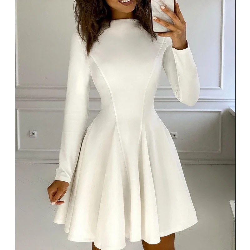 

Женское белое платье с круглым вырезом и длинным рукавом, облегающее платье с высокой талией, новое модное платье-трапеция с длинным рукаво...