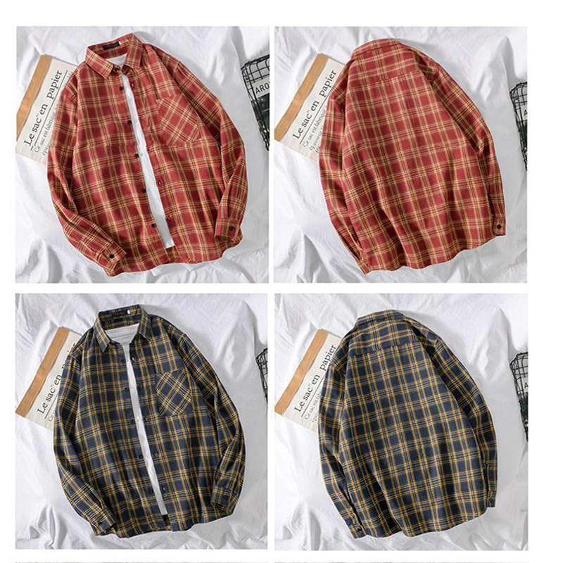 Рубашка женская в клетку с отложным воротником большого размера длинным рукавом