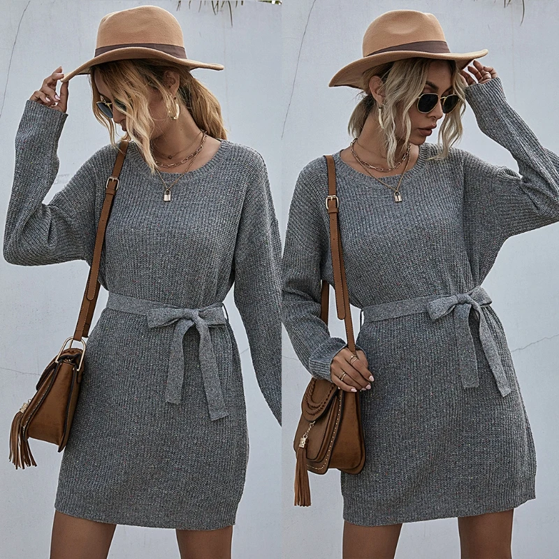 

Women Long Sleeve Knitted Sweater Waist Belt Dress Round Neck Slim Fit Mid-Length Jumper Pullover Autumn Winter Female Casual St