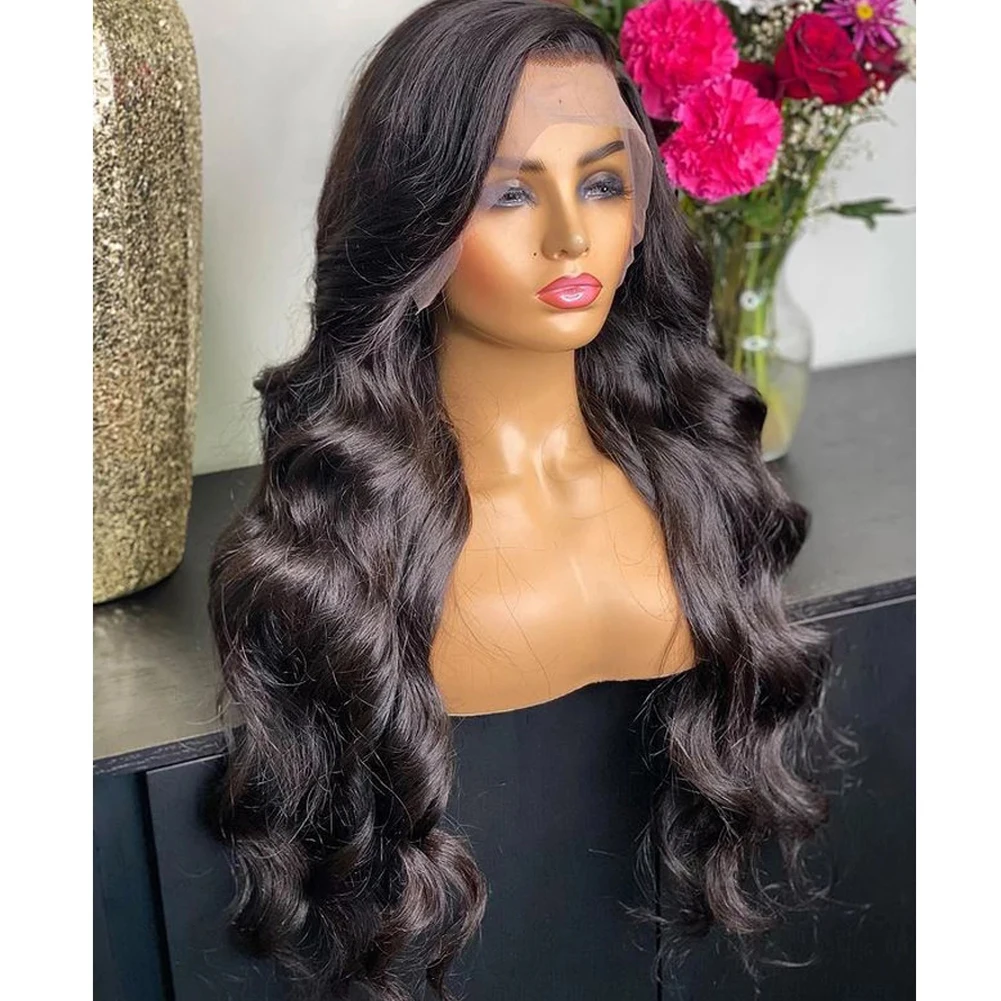 

RONGDUOYI Loose Wave Lace Front Wig Black Lace Front Synthetic Black Color Glueless Wig High Temperature Fiber Cosplay Wig