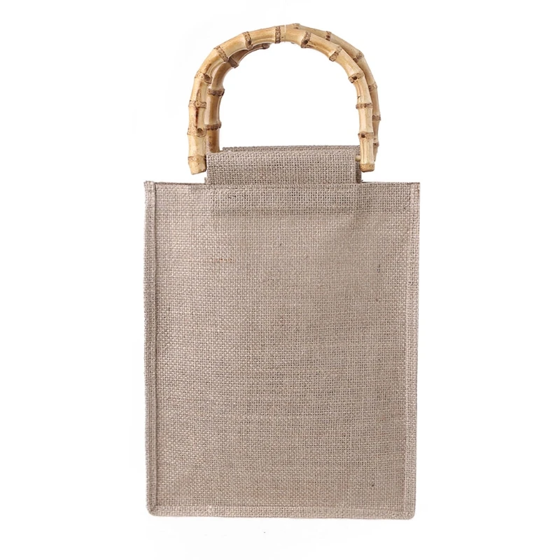 

Unisex Durable Portable Burlap Jute Shopping Bag with Bamboo Loop Handles 2022 Women Girls Reusable Storage Tote Grocery Handbag