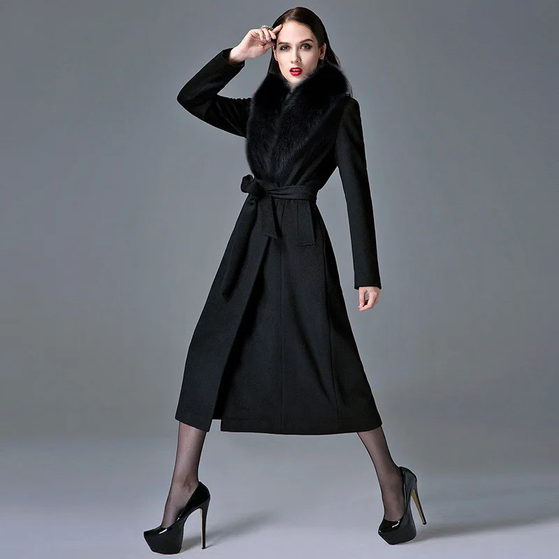 

Woman Coat Cashmere Autumn Winter Overknee Thick Warm Wool Coat Real Fox Fur Collar Oversize Thickened Woolen Trench Black 4xl