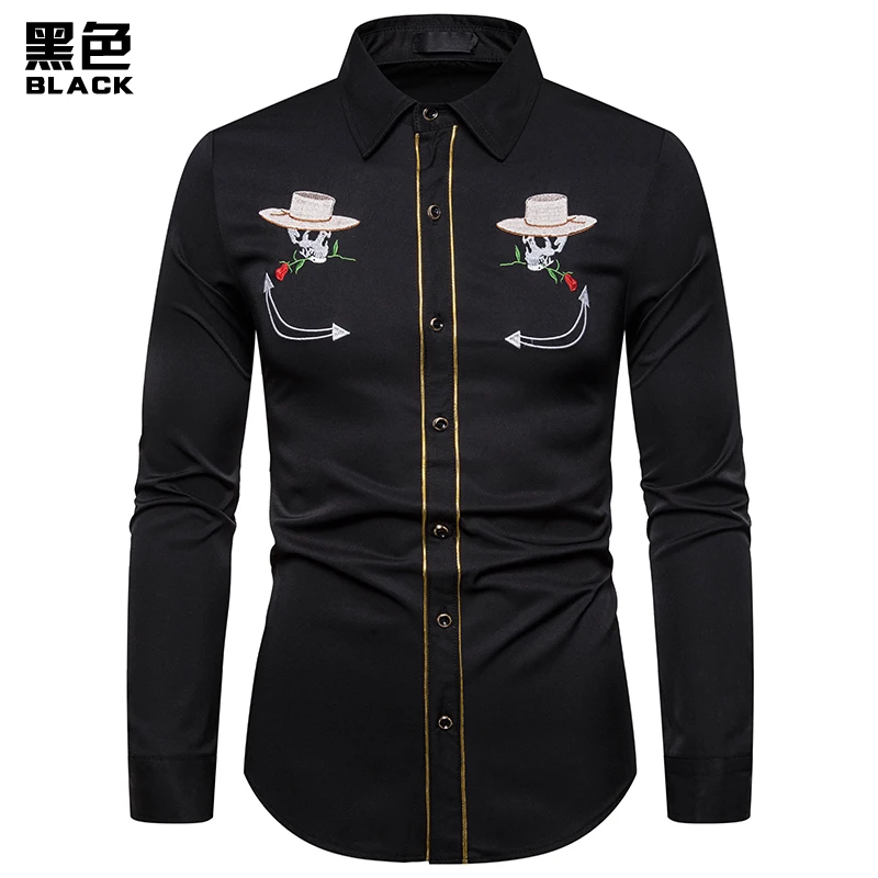 1 Black Shirt Брендовая мужская рубашка высокого качества с вышивкой черепа, рубашка, приталенная Повседневная ковбойская рубашка с длинными рукавами, европейские размеры, рубашки размера XXL - Цвет: 1 Black Shirt
