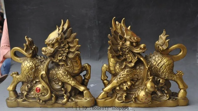 

christmas Chinese Fengshui brass Wealth Guardian Dragon Kylin Unicorn Chi-lin Statue Pair halloween