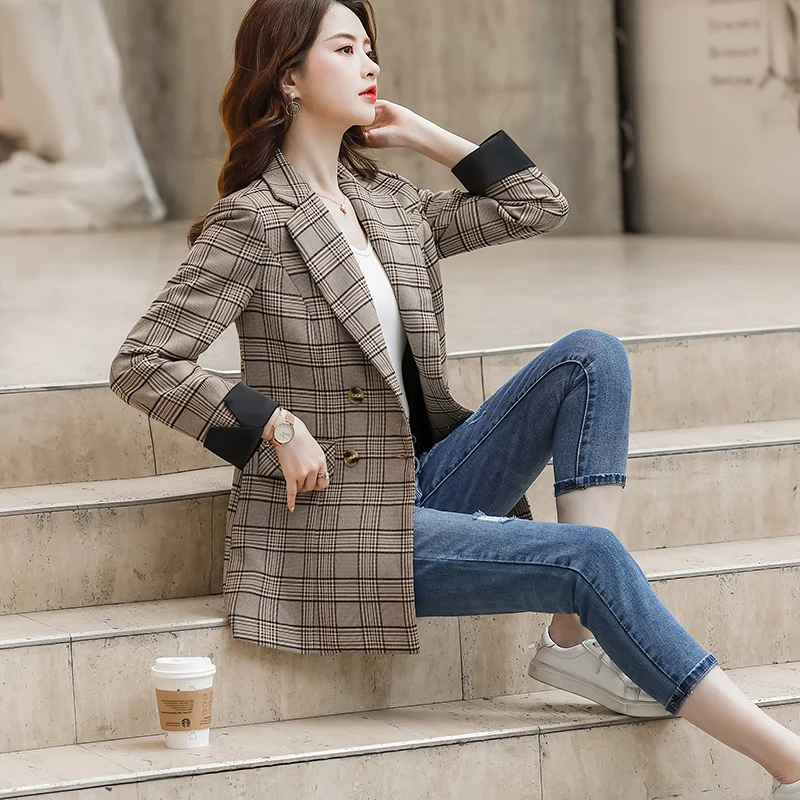Женский двубортный пиджак Lenshin винтажный клетчатый в английском стиле с