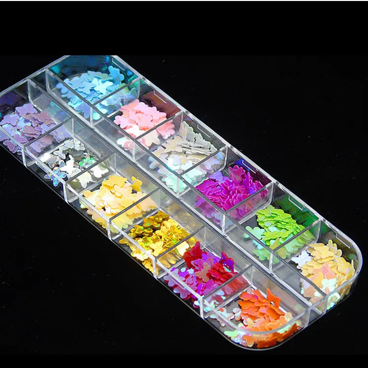 

3D Butterfly Slice Nail Sequins Flakes Holographic Iridescent Glitter Nail Art Decoration Colorful Manicure 12 in 1 Set WD1158