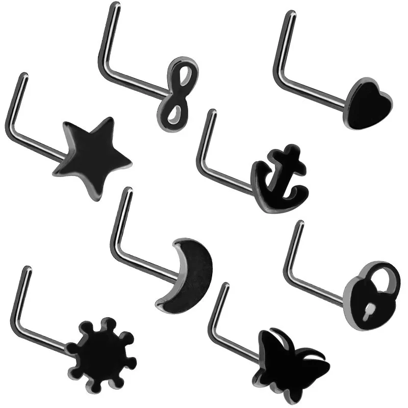 

8pcs L Shape Nose Rings and Studs Stainless Steel Nose Piercing Set Black Nostril Pin Screw Stud Nariz for Women Body Jewelry