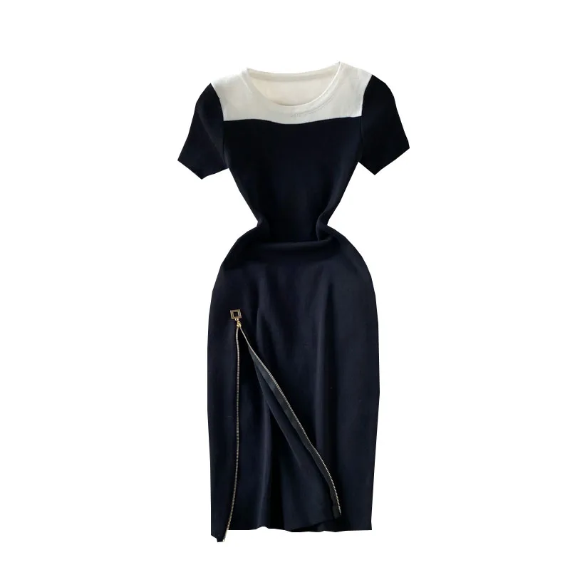 

Summer 2021 celebrity temperament color matching split short round neck slim knit dress short sleeve