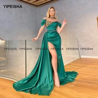 yipeisha high neckline emerald green prom dress luxury crystals short sleeves side slit evening gown vestido de festa longo