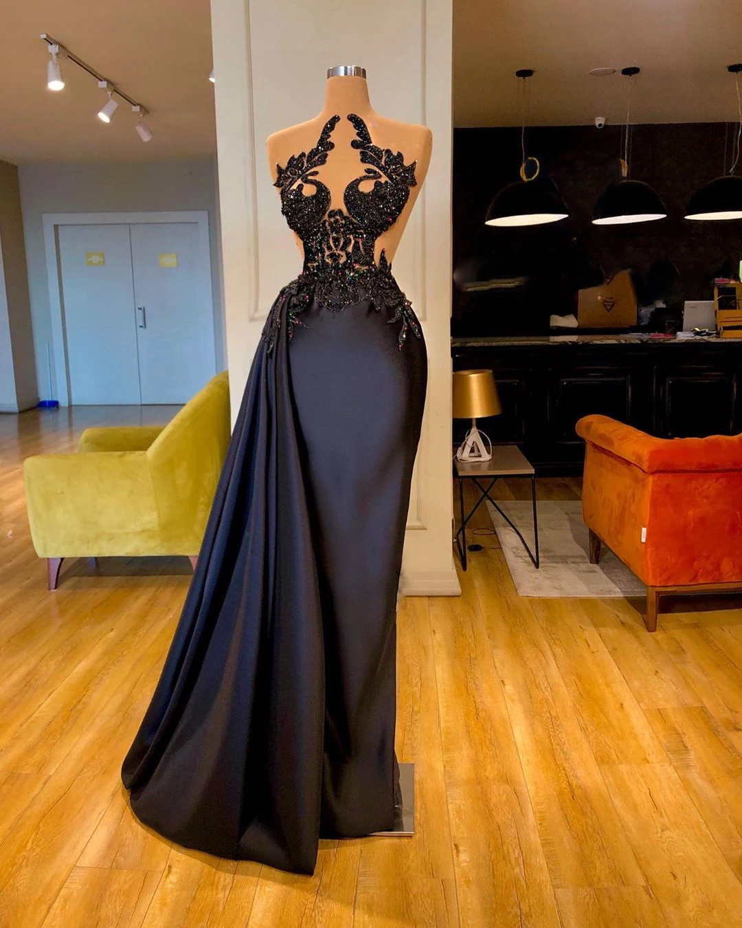 

SoAyle Luxury Beaded Crystal Black Evening Dress Sexy See-Through Sleeveless Mermaid Evening Dress 2020 Vestido de festa