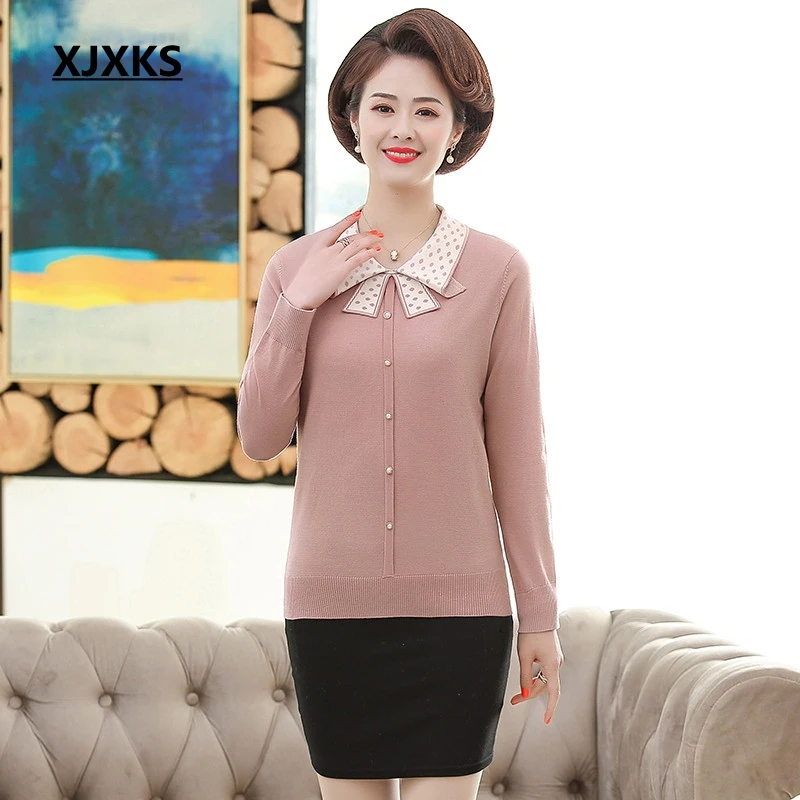 XJXKS Sweater Women Spring Bow Collar Pullover 2020 Long Sleeve Fashion Sweaters Jumper Plus Size | Женская одежда