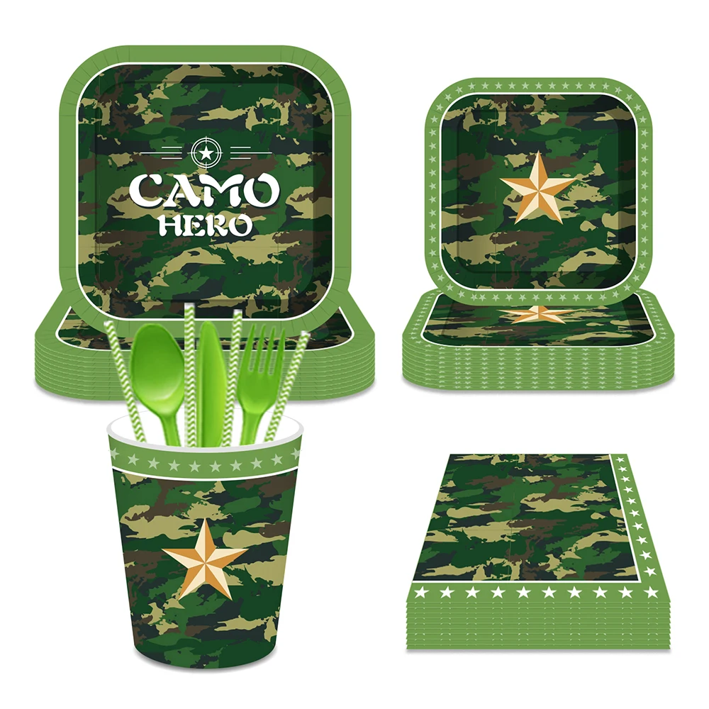 

8 Guests Cosplay Army Camouflage Military Officers and Soldiers Jungle Birthday Party Disposable Tableware Sets Plates Cups