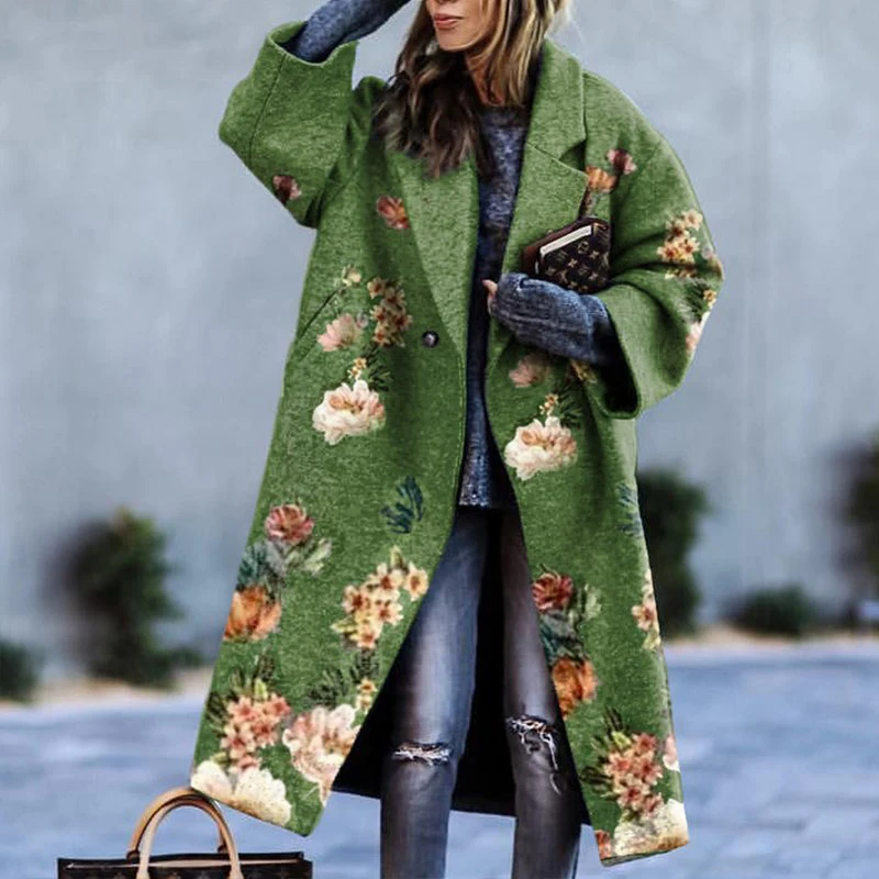 

Vintage Pattern Print Outwears Ladies Fashion Winter Loose Blend Wool Coats Women Elegant Turn-down Collar Long Cardigan Jackets